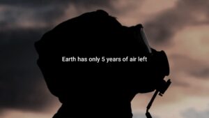 Silhouette of a person wearing a gas mask against a cloudy sky, with text overlay from Biteable video maker stating "earth has only 5 years of air left.