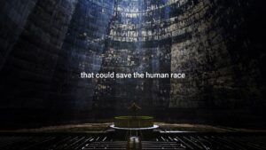 A person with arms extended stands at the center of a vast, circular, dark textured chamber with text "Biteable video maker could save the human race" above them.