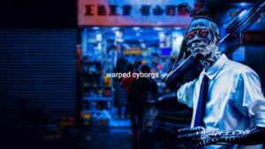 A digital artwork of a cyborg with a futuristic weapon, standing in a neon-lit urban setting, created using Biteable video maker, labeled "warped cyborgs.