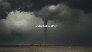 A large tornado touches down in a dark, stormy landscape with text overlay saying "biteable video maker and lethal weather.