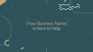 Abstract business advertisement graphic for Biteable video maker, featuring the text "[your business name] is here to help," set against a teal background with white line drawings, including waves and a bird.