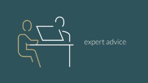 A minimalist graphic of a person seated at a desk working on a laptop with the text "Biteable video maker expert advice" to the right.