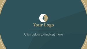 A digital banner featuring a hexagonal logo labeled "your logo" at the top, with a clickable prompt "click below to find out more" on a dark teal background, created using Biteable video