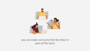 Three people collaborating online using laptops, digital tablets, and Biteable video maker.