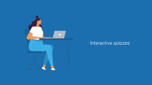 A woman sits at a desk working on a laptop with the text "interactive quizzes" beside her on a blue background, created using Biteable video maker.
