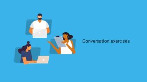 Three diverse people using laptops and tablets engaged in a virtual group discussion, depicted in a stylized illustration with a blue background and the text "Biteable video maker exercises.