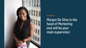 Woman sitting by the window, introducing Margot de Silva as the head of marketing and the main supervisor with Biteable video maker.