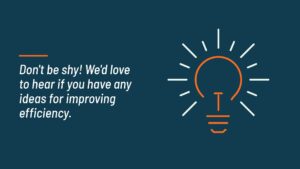 Graphic with a light bulb icon symbolizing ideas, encouraging suggestions for improving efficiency through Biteable video maker.