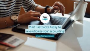 Person working on a laptop with an advertisement for fastbooks accounting services, created using Biteable video maker.