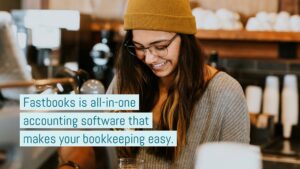 A smiling woman using a tablet in a coffee shop with an overlay text about accounting software created with Biteable video maker.