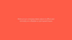 Plain coral background with white text stating "Our Hybrid Work Policy allows working at our company both in-office and remotely on a flexible or permanent basis.
