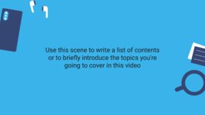 Flat lay graphic of a smartphone with earphones, notebook, and magnifying glass on a blue background, representing a workspace or study theme for Biteable video maker content.