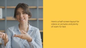 Young woman presenting with hand gestures in a Biteable video presentation layout with text space on the right.