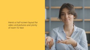 A woman in a white shirt gestures while speaking, split-screen with text on the left saying "here’s a half-screen layout for Biteable video maker, pictures and plenty of room for text".