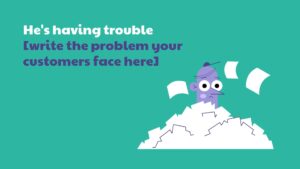 Illustration of a cartoon character overwhelmed by paperwork, representing customer challenges in a Biteable video maker.