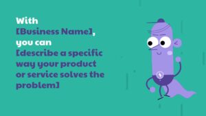 An animated character showcasing a product solution alongside promotional text for a business using Biteable video maker.