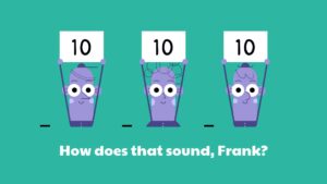 Three cartoon glasses with faces displaying different reactions, each holding a sign with the number 10, against a teal background with the caption "how does that sound, Frank?" created using Biteable video maker