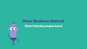 Cartoon character beside customizable business name and slogan placeholders on a green background, created with Biteable video maker.