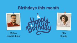 A graphic created with Biteable video maker, featuring two pinned photos labeled "mateo covarrubias" and "etty kiragu" with a "happy birthday" message in the center, celebrating