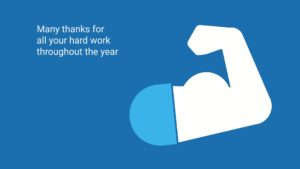 Illustration of a muscular arm wearing a business shirt sleeve, created using Biteable video maker, accompanied by a text thanking someone for their hard work throughout the year.