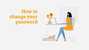 Woman at a computer following instructions on a Biteable video maker tutorial on how to change a password.