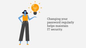 An illustration of a woman gesturing towards a light bulb symbolizing an idea, accompanied by text about the importance of regularly changing passwords for IT security, created with Biteable video maker.