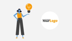 A graphic of a woman gesturing towards a Biteable video maker icon with a placeholder for a logo on the right side.