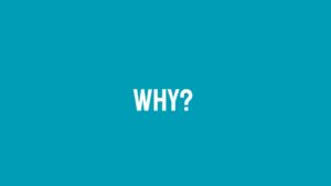 Bright turquoise background featuring the phrase "why?" in bold white capital letters, centered in a Biteable video maker style.