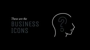 Illustration of a profiled human head with question mark symbols inside, against a black background with the text "these are the Biteable video maker icons.