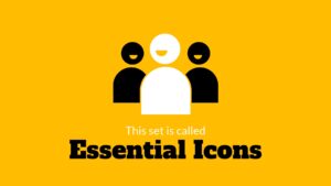 Graphic depicting three simplified human icons in black and white against a yellow background, labeled "this set is called essential icons," designed for use in Biteable video maker.