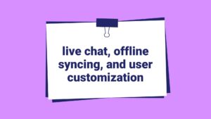 A note highlighting software features: "live chat, offline syncing, user customization, and Biteable video maker.