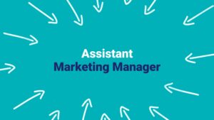 A bold text 'assistant marketing manager' centered on a vibrant teal background with white arrows pointing towards the text from all directions, created using Biteable video maker.