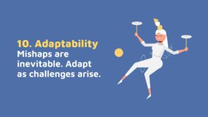 An illustration of a person in a chef's outfit juggling dishes and a birthday cake, created with Biteable video maker, symbolizing the concept of adaptability and overcoming challenges.