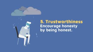 An illustration depicting a figure sitting under a cloud with rain, next to the Biteable video maker text "5. trustworthiness. Encourage honesty by being honest.