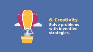 A Biteable video maker cartoon depicting a person painting a hot air balloon in the sky, accompanied by the text "6. Creativity: solve problems with inventive strategies.