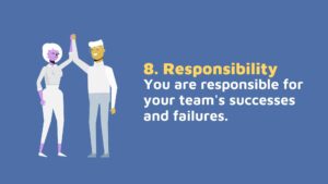 Two stylized characters, one raising their hand in the air, alongside text created with Biteable video maker about the importance of taking responsibility for a team's successes and failures.