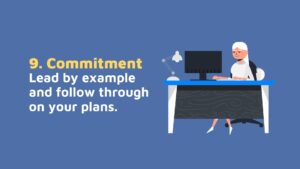 An illustration of a focused woman at a desk with a computer, crafted using Biteable video maker, underlining the importance of commitment and leading by example.