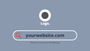 Mockup of a Biteable video maker search bar featuring the domain "yourwebsite.com" and a company logo, set against a gray background with a footnote about data sourcing.
