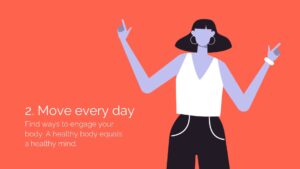 Illustration of a woman in a hat and workout clothes making a peace sign with both hands, accompanied by text about daily movement for a healthy mind, created with Biteable video maker.
