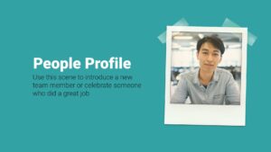 Polaroid photo of an Asian man in a denim shirt affixed to a teal background with a caption "people profile" suggesting a new team member introduction, created using Biteable video maker.