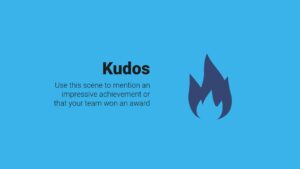 Graphic image featuring a stylized blue flame icon on a solid blue background, with the word "kudos" in large white letters, suggesting a celebration of an achievement or award, created using Biteable