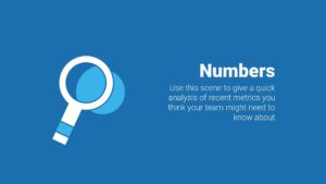 Magnifying glass icon over a blue background with the word "numbers" and a prompt to analyze metrics for team insights using Biteable video maker.