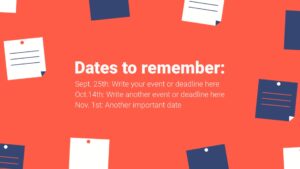 Graphic image showing a calendar with important dates highlighted against an orange background with scattered papers, ideal for use in Biteable video maker projects.