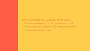 Text on a split background of yellow and pink created using Biteable video maker, listing suggested topics for writing a list, including past, current, and future projects.