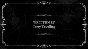 Elegant black title card created with Biteable video maker, featuring ornamental borders crediting 'written by terry towelling.'.