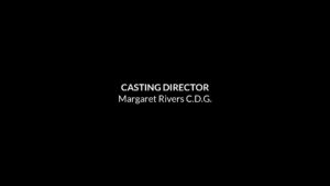 Credit title for a casting director named Margaret Rivers from the Casting Directors Guild, displayed on a black background in a Biteable video maker.