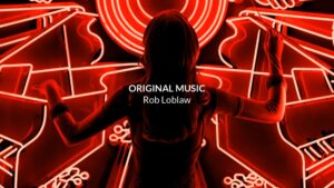 Woman standing in front of a neon red light installation with text overlay "original music rob loblaw" created using Biteable video maker.