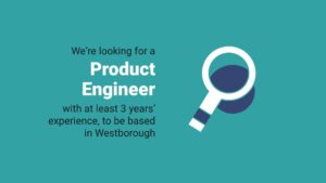 Graphic with text "we're looking for a product engineer with at least 3 years' experience, to be based in Westborough" and an illustration of a magnifying glass, created using Biteable