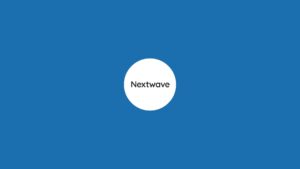 Logo of NextWave on a blue background, featuring white text inside a white circle for Biteable video maker.