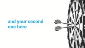 Two darts stuck in the center of a dartboard, isolated on a white background with text "Biteable video maker.